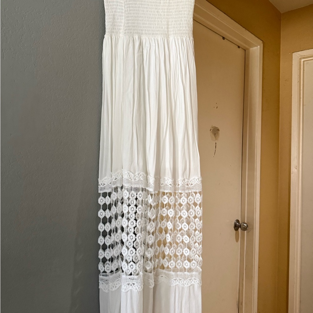Smocked Bodice White Crochet Maxi Dress